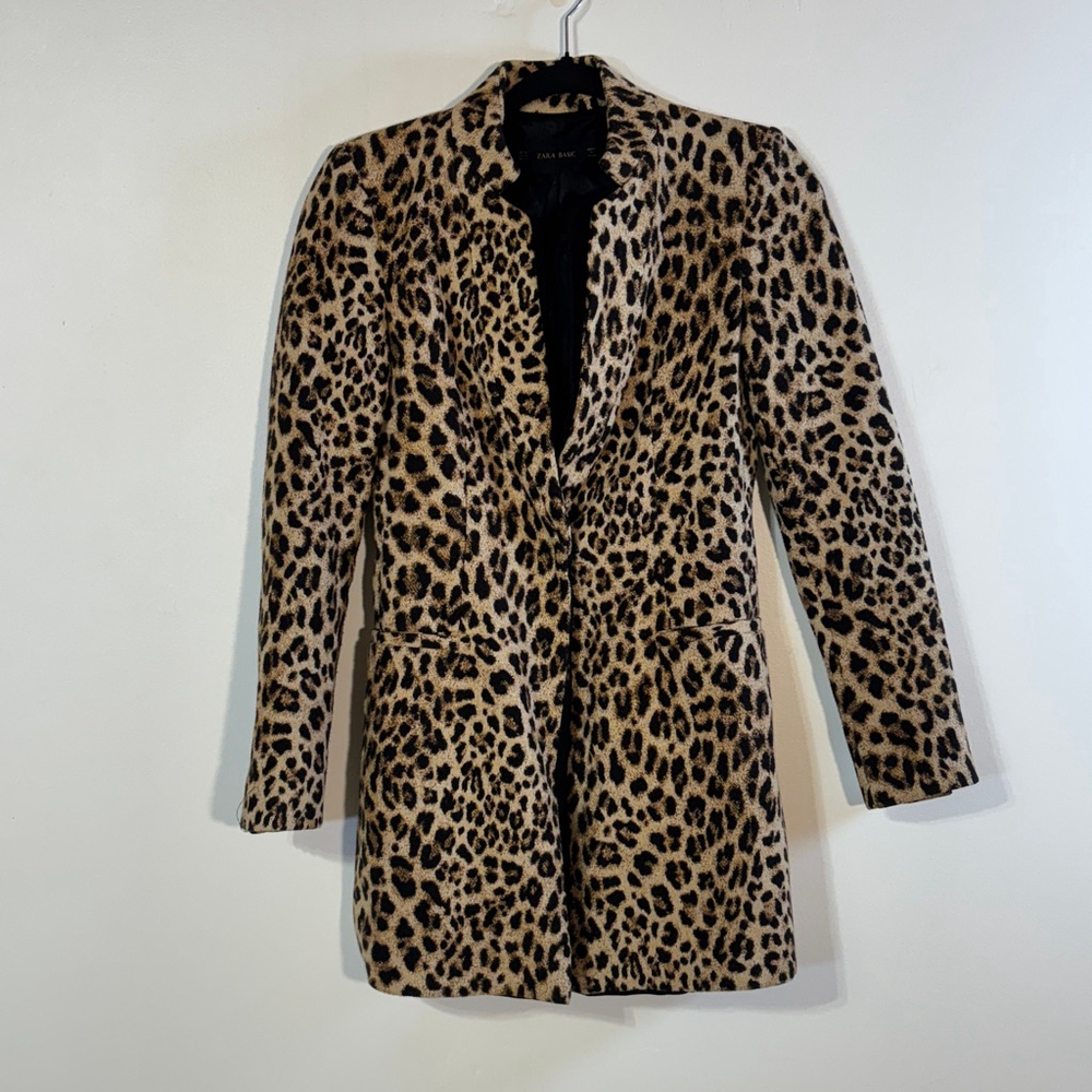 ZARA Leopard Print Blazer Women’s XS Longline Tailored Animal Black Brown